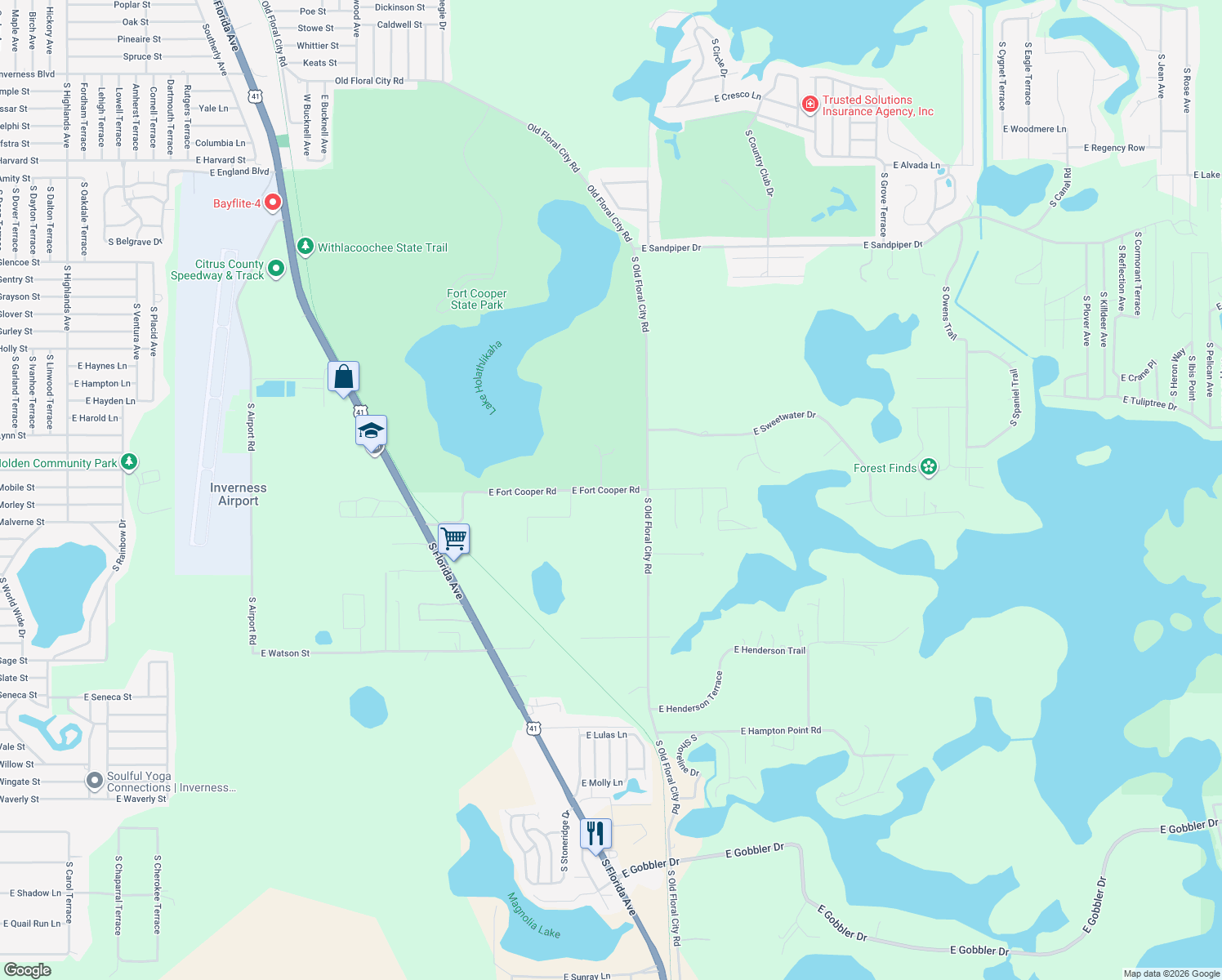 map of restaurants, bars, coffee shops, grocery stores, and more near 8248 East Fort Cooper Road in Inverness