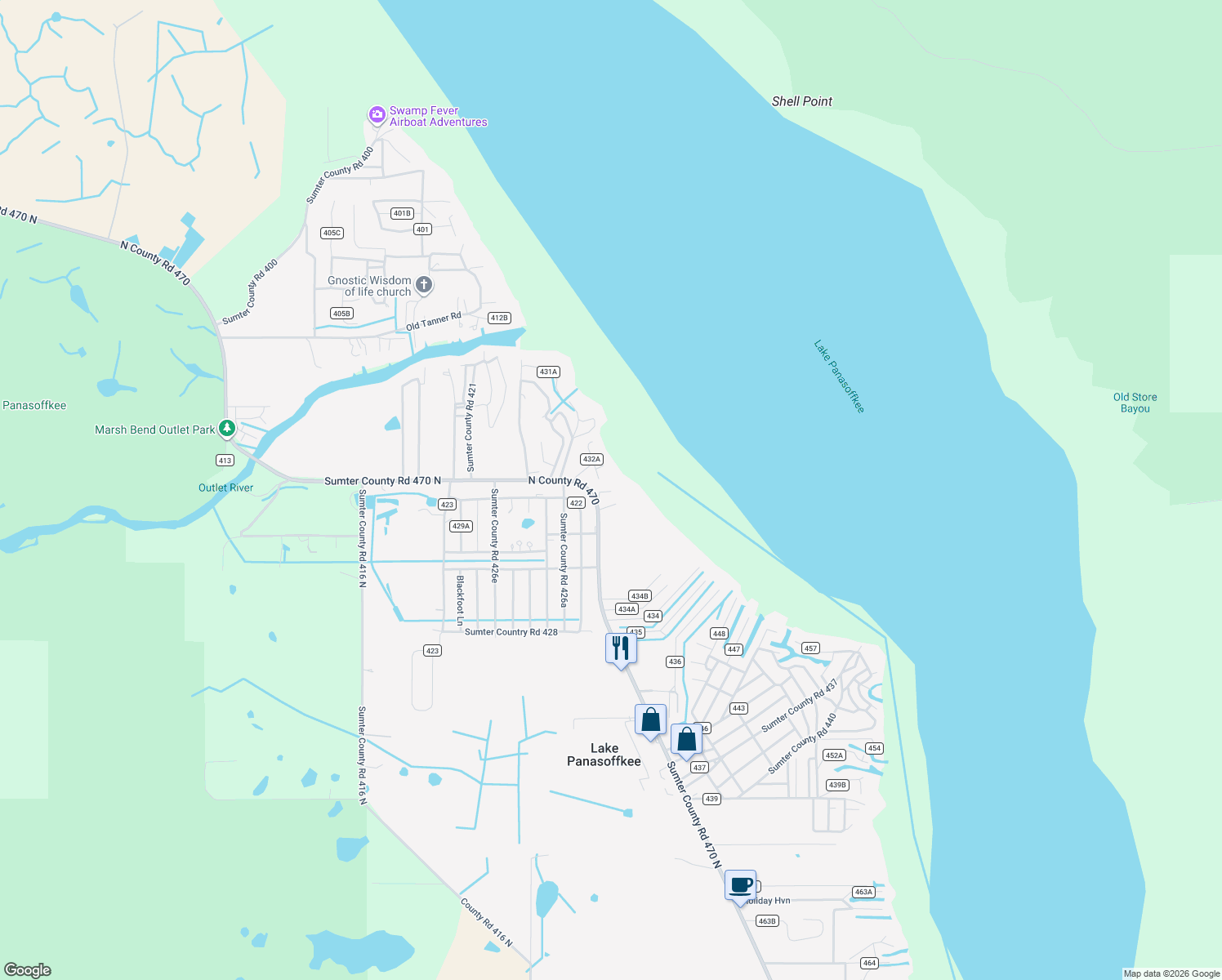 map of restaurants, bars, coffee shops, grocery stores, and more near 1710 Northwest 29th Road in Lake Panasoffkee