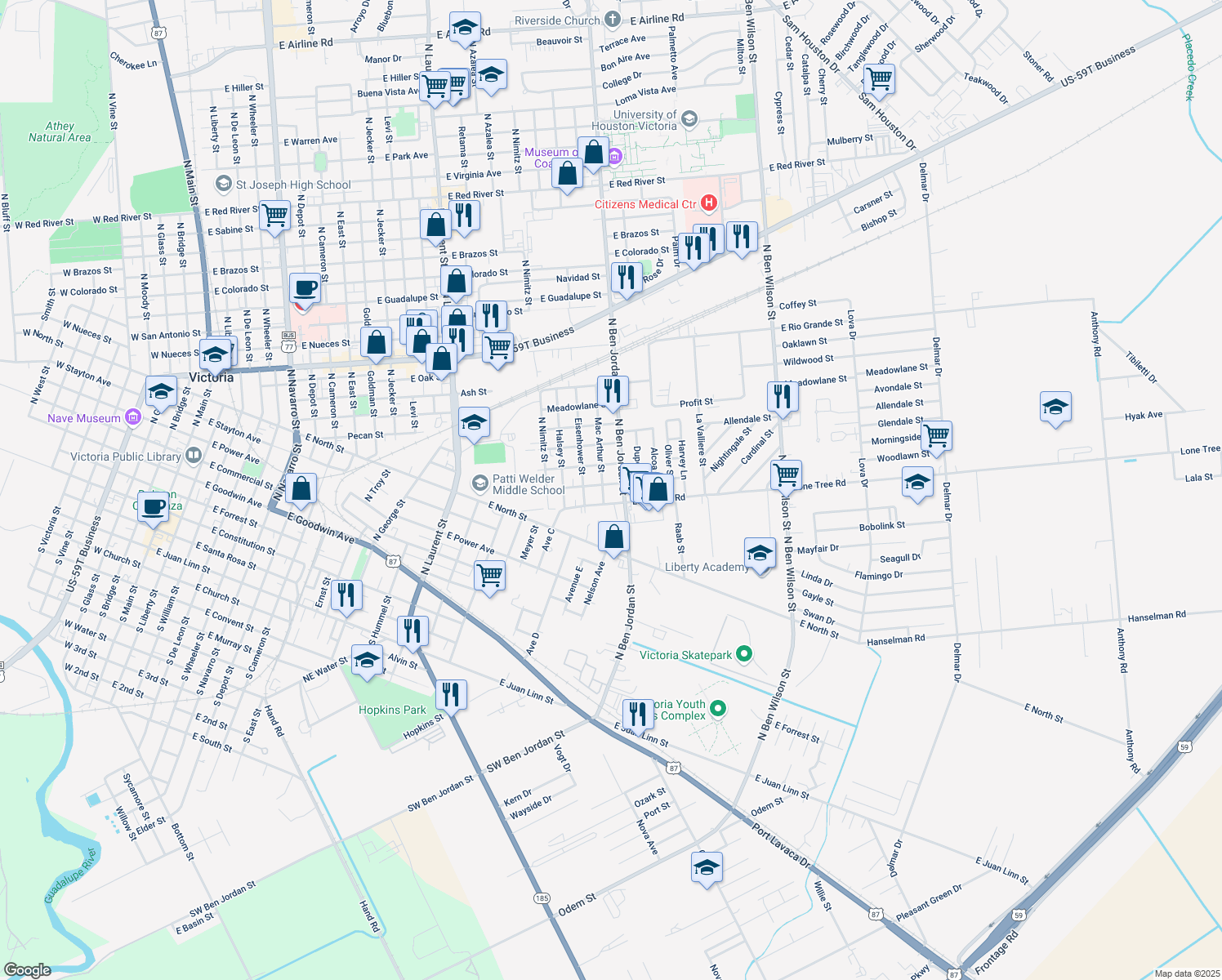 map of restaurants, bars, coffee shops, grocery stores, and more near 2003 Woodlawn Street in Victoria
