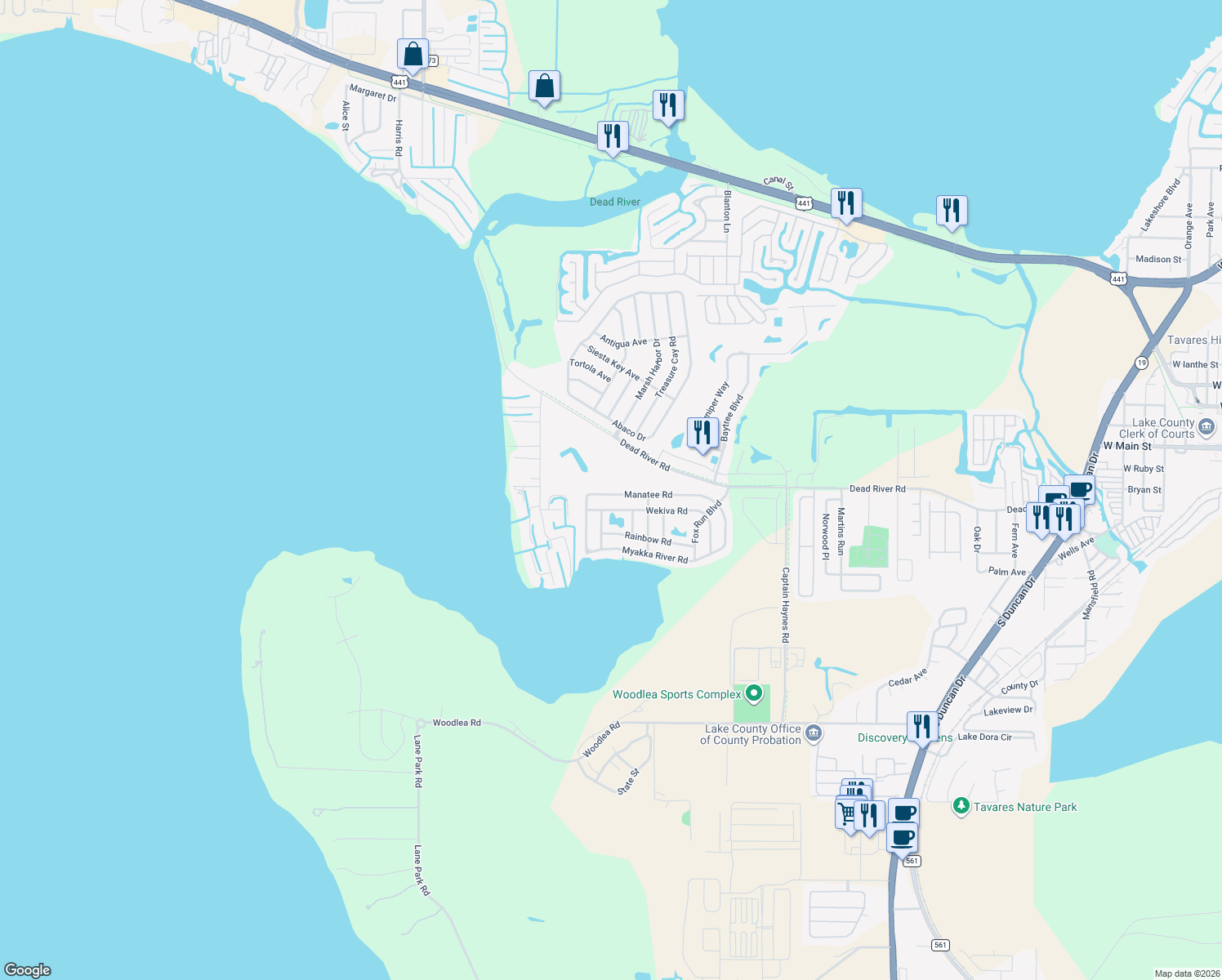 map of restaurants, bars, coffee shops, grocery stores, and more near 3326 Manatee Road in Tavares
