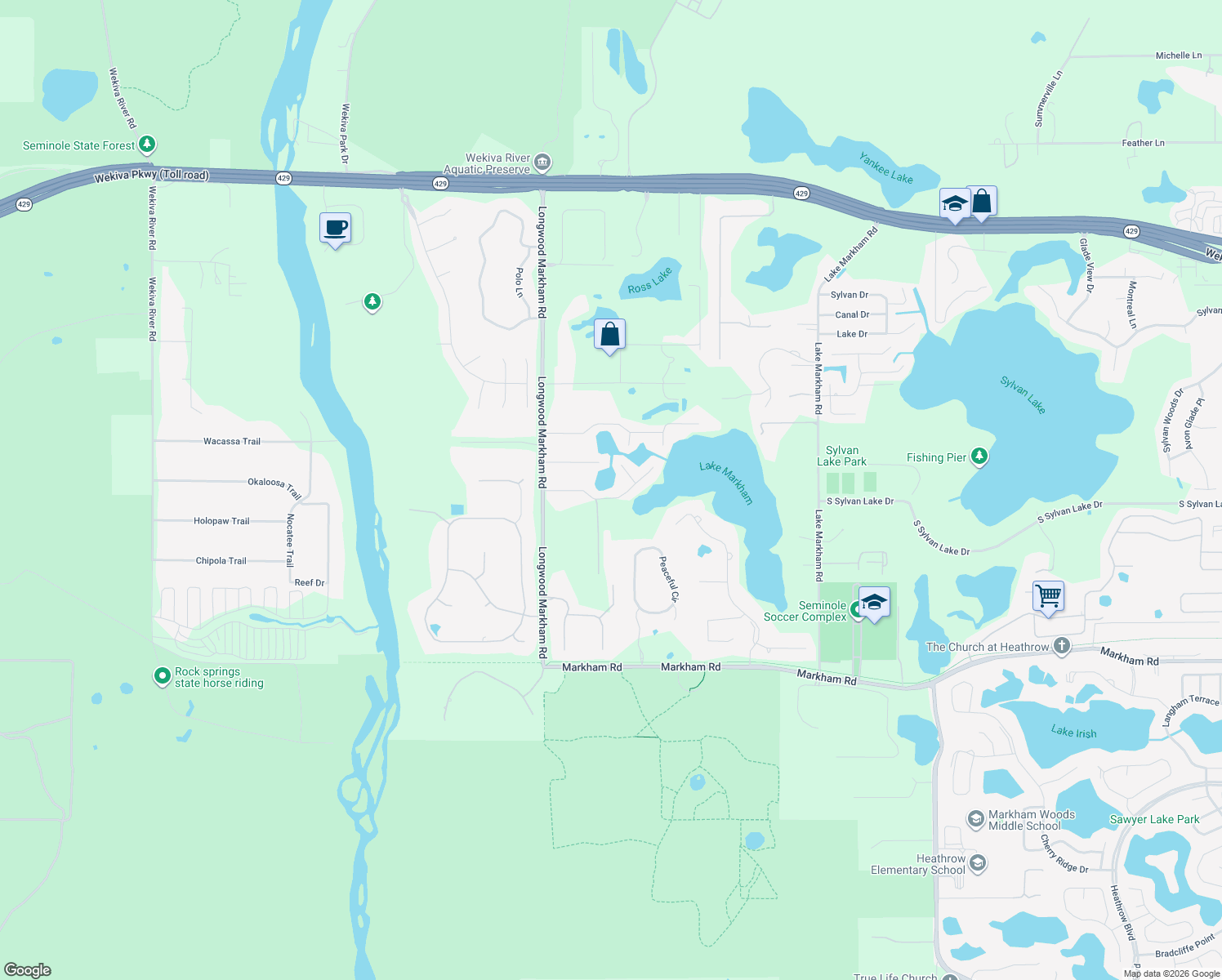 map of restaurants, bars, coffee shops, grocery stores, and more near 8112 Via Hermosa Street in Sanford