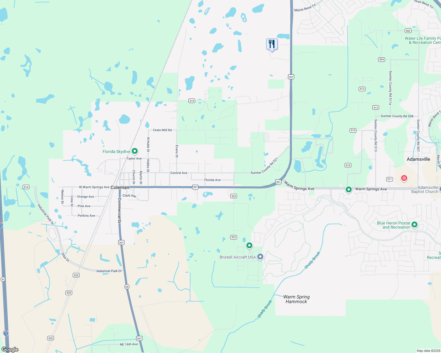 map of restaurants, bars, coffee shops, grocery stores, and more near 9312 Central Avenue in Coleman