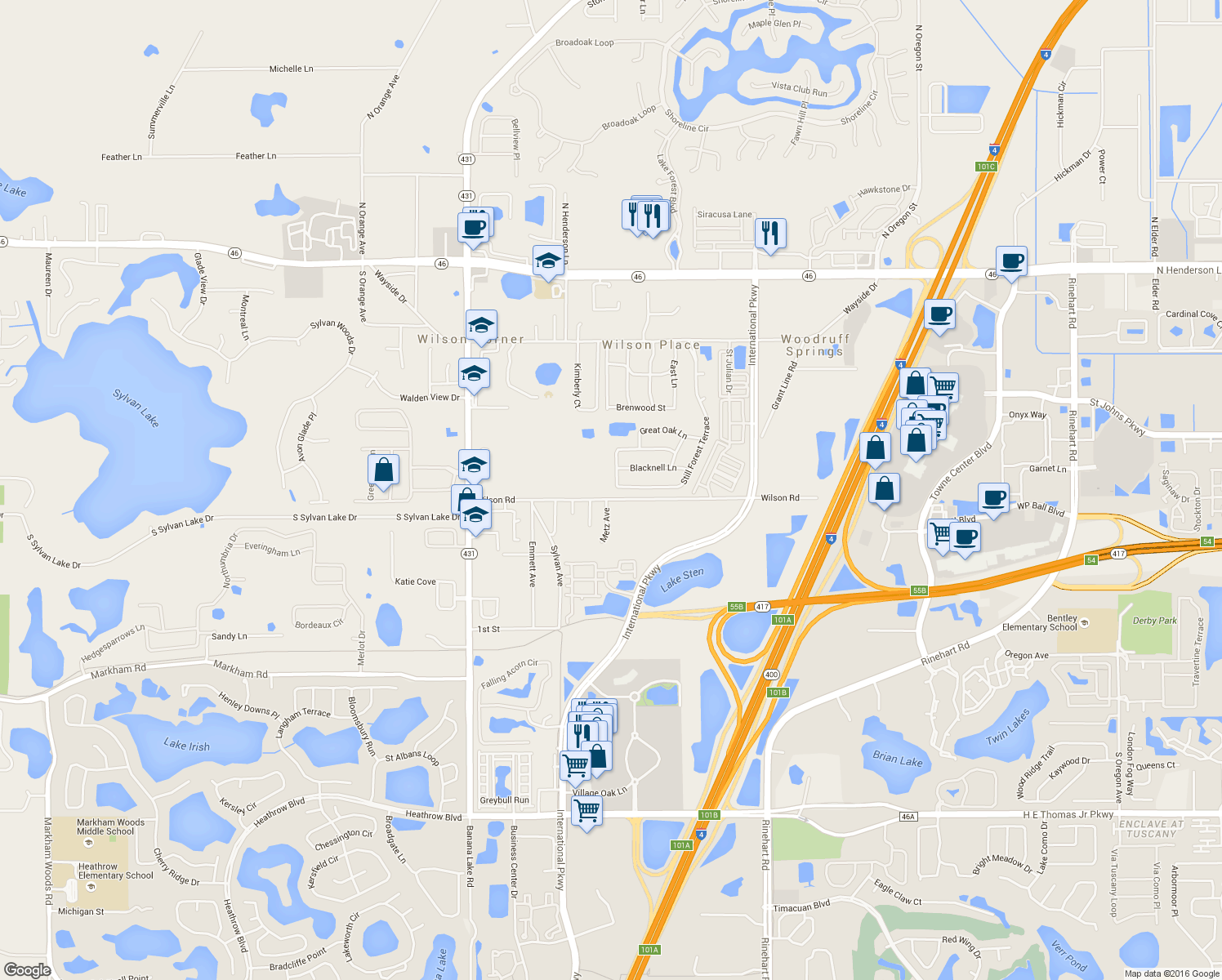 map of restaurants, bars, coffee shops, grocery stores, and more near 443 Still Forest Terrace in Sanford
