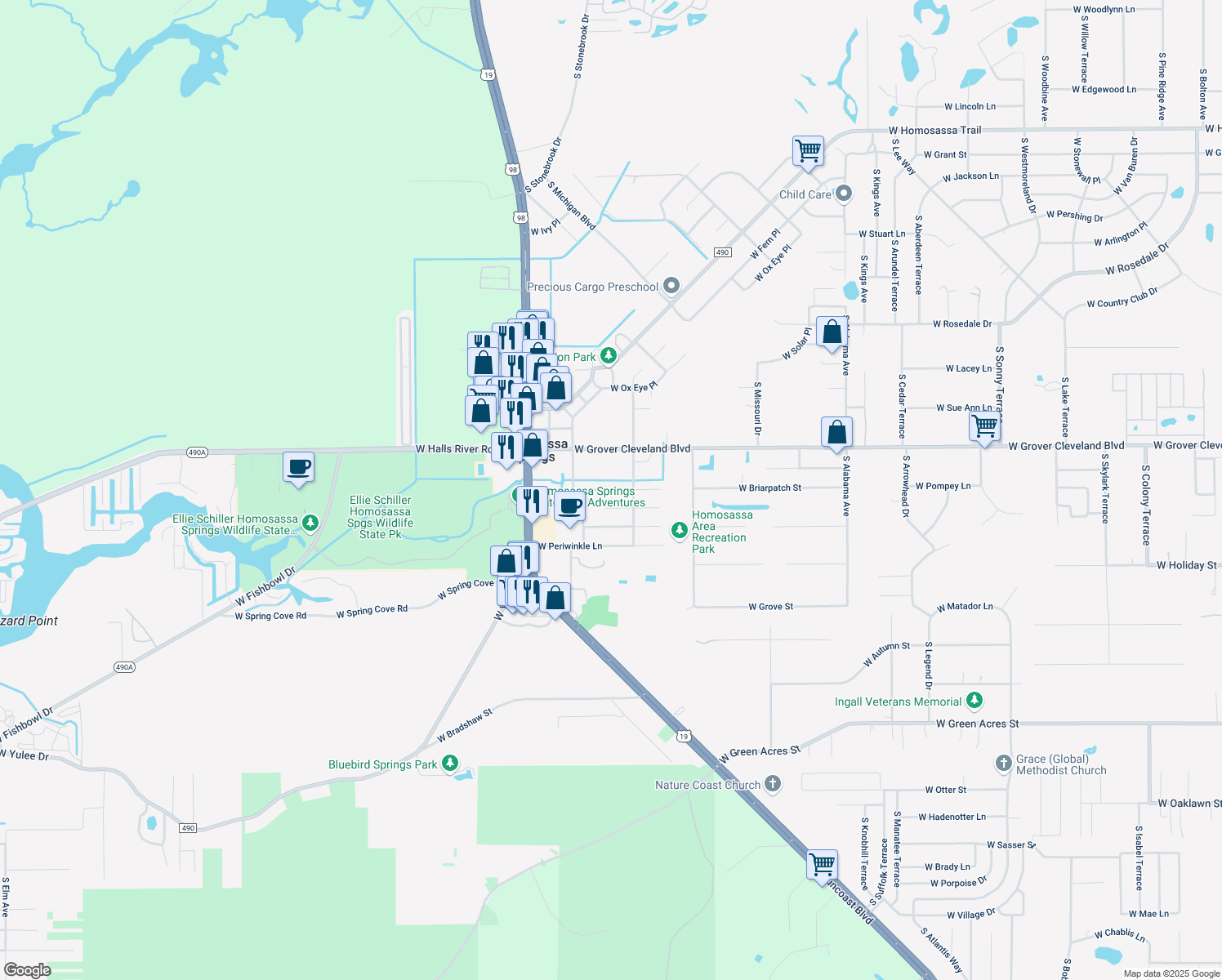 map of restaurants, bars, coffee shops, grocery stores, and more near 8326 West Trotter Lane in Homosassa