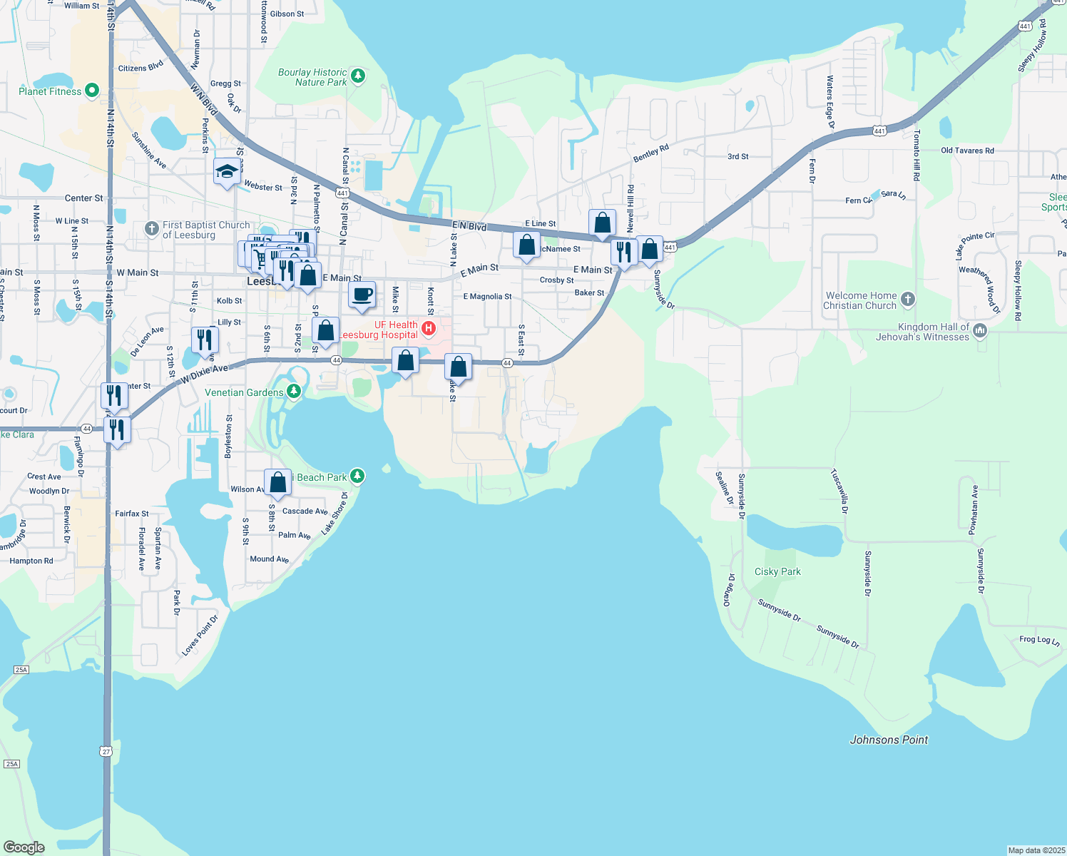 map of restaurants, bars, coffee shops, grocery stores, and more near 624 Lake Port Boulevard in Leesburg