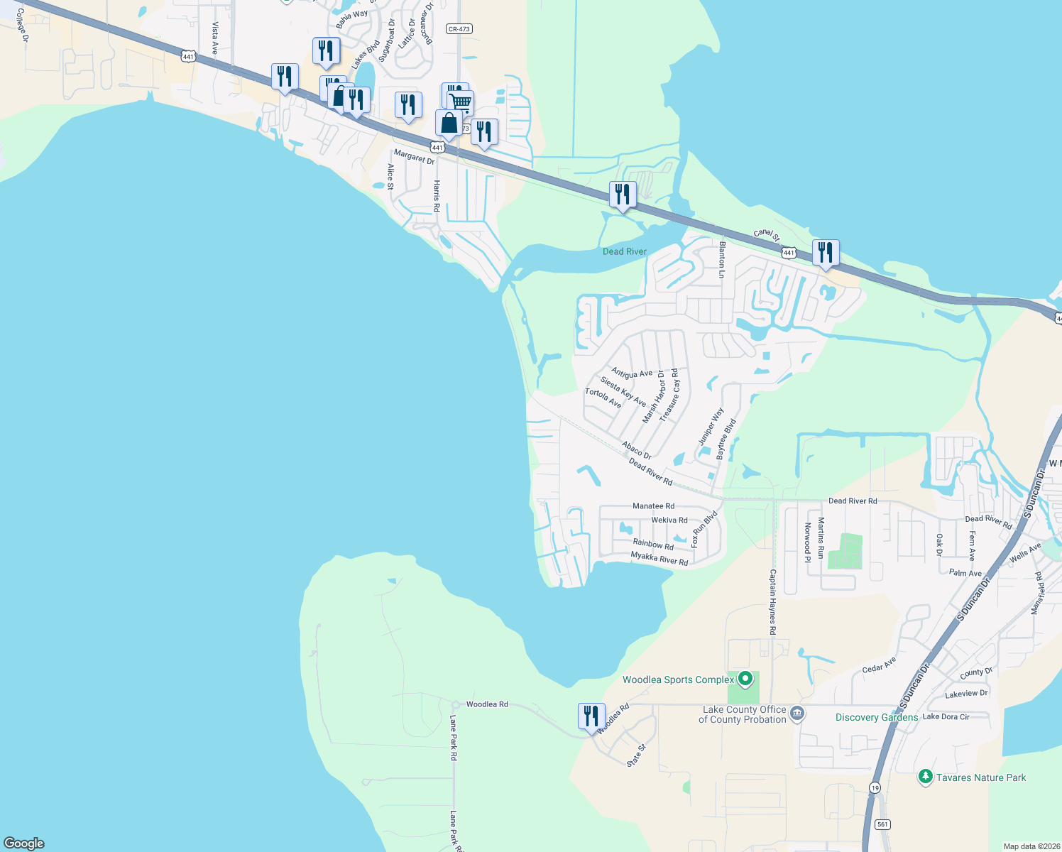 map of restaurants, bars, coffee shops, grocery stores, and more near 11313 Davison Lane in Tavares