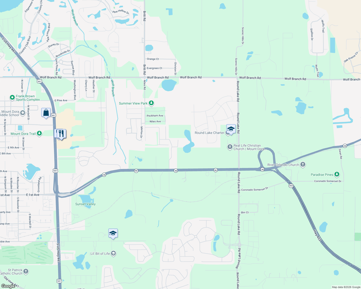 map of restaurants, bars, coffee shops, grocery stores, and more near 31242 Sand Lake Drive in Mount Dora
