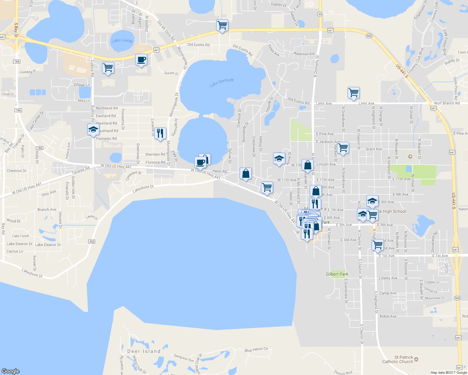 map of restaurants, bars, coffee shops, grocery stores, and more near 1200 Oakland Lane in Mount Dora