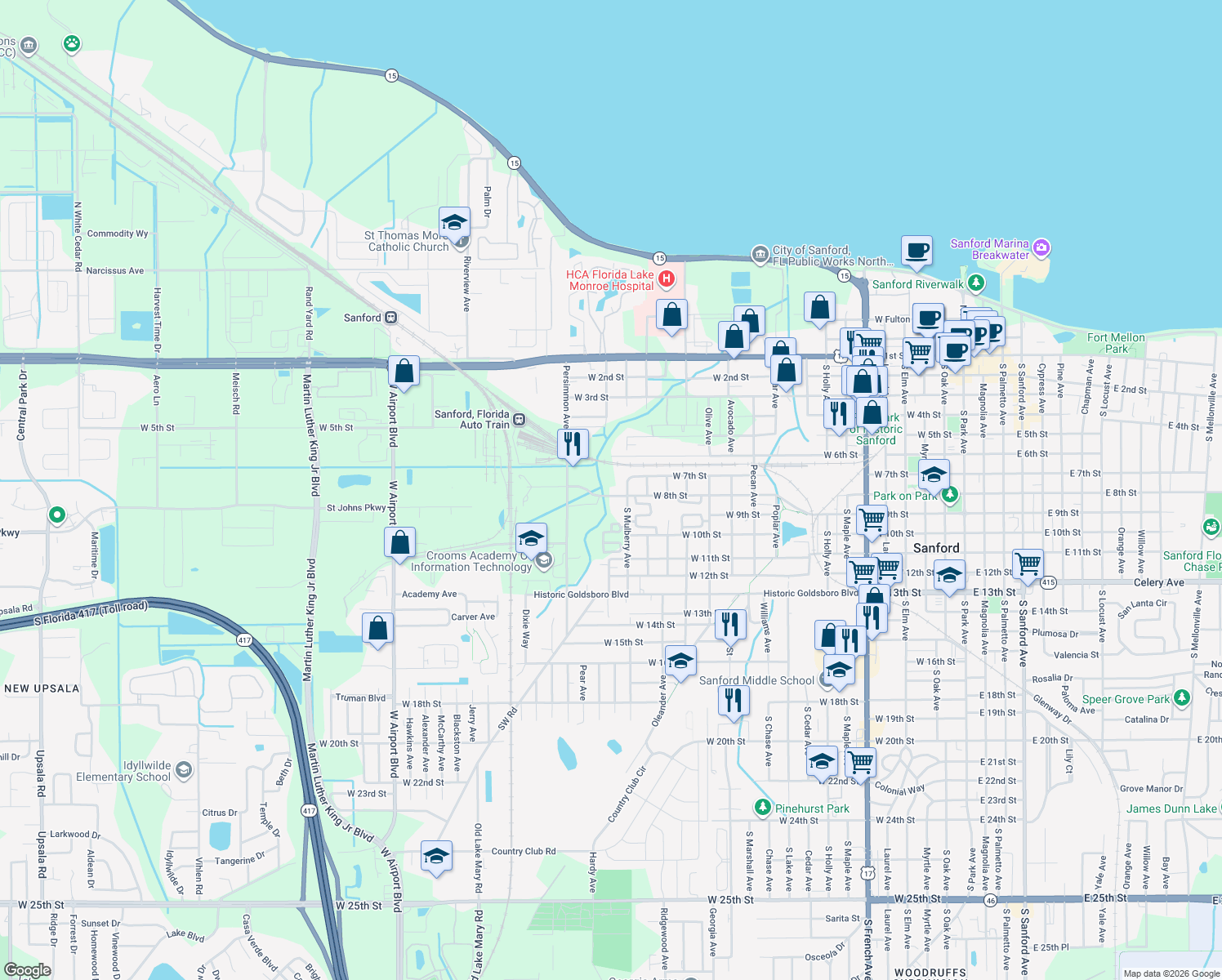 map of restaurants, bars, coffee shops, grocery stores, and more near 1716 West 8th Street in Sanford