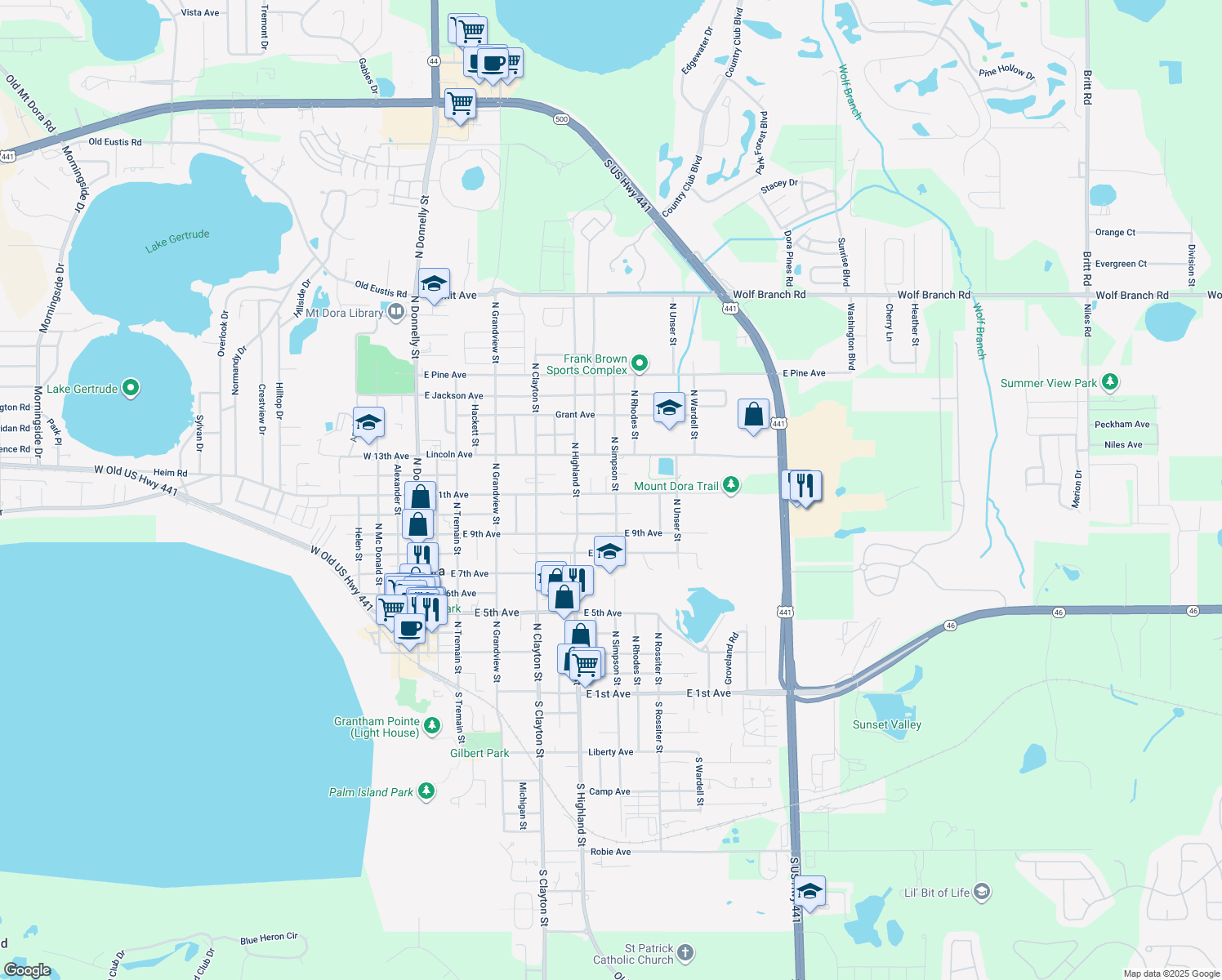 map of restaurants, bars, coffee shops, grocery stores, and more near 1130 Robin Hood Court in Mount Dora