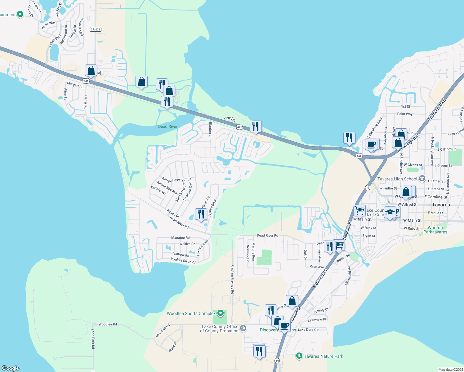 map of restaurants, bars, coffee shops, grocery stores, and more near 594 Juniper Way in Tavares