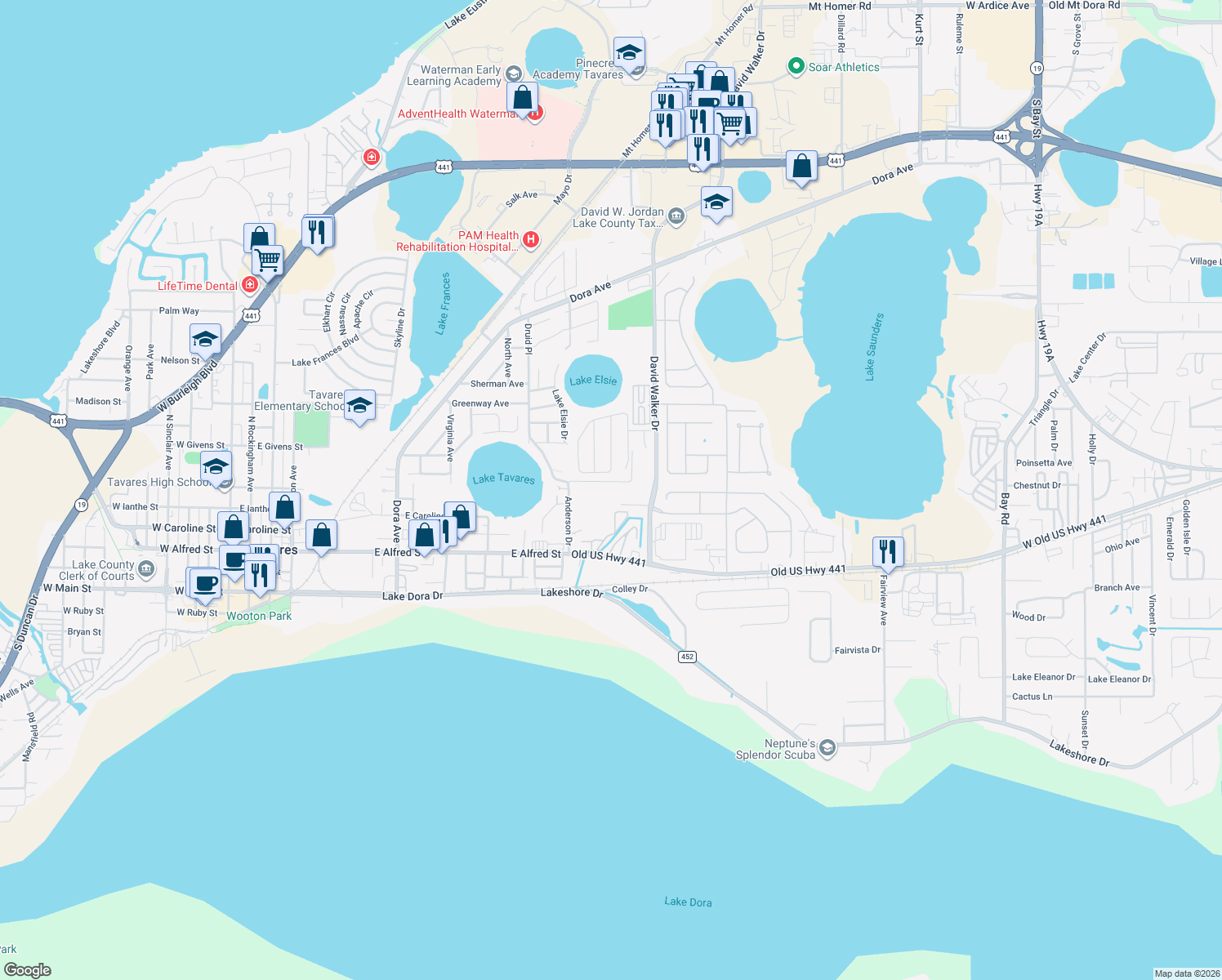 map of restaurants, bars, coffee shops, grocery stores, and more near 15010 Trail Drive in Tavares