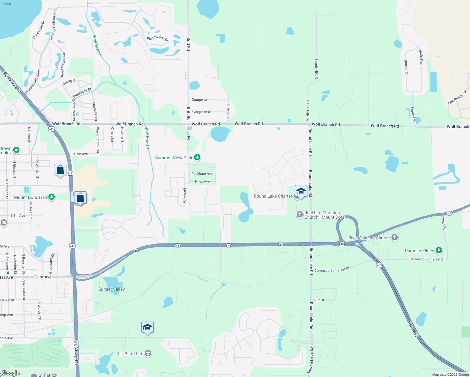 map of restaurants, bars, coffee shops, grocery stores, and more near 31434 Sand Lake Drive in Mount Dora