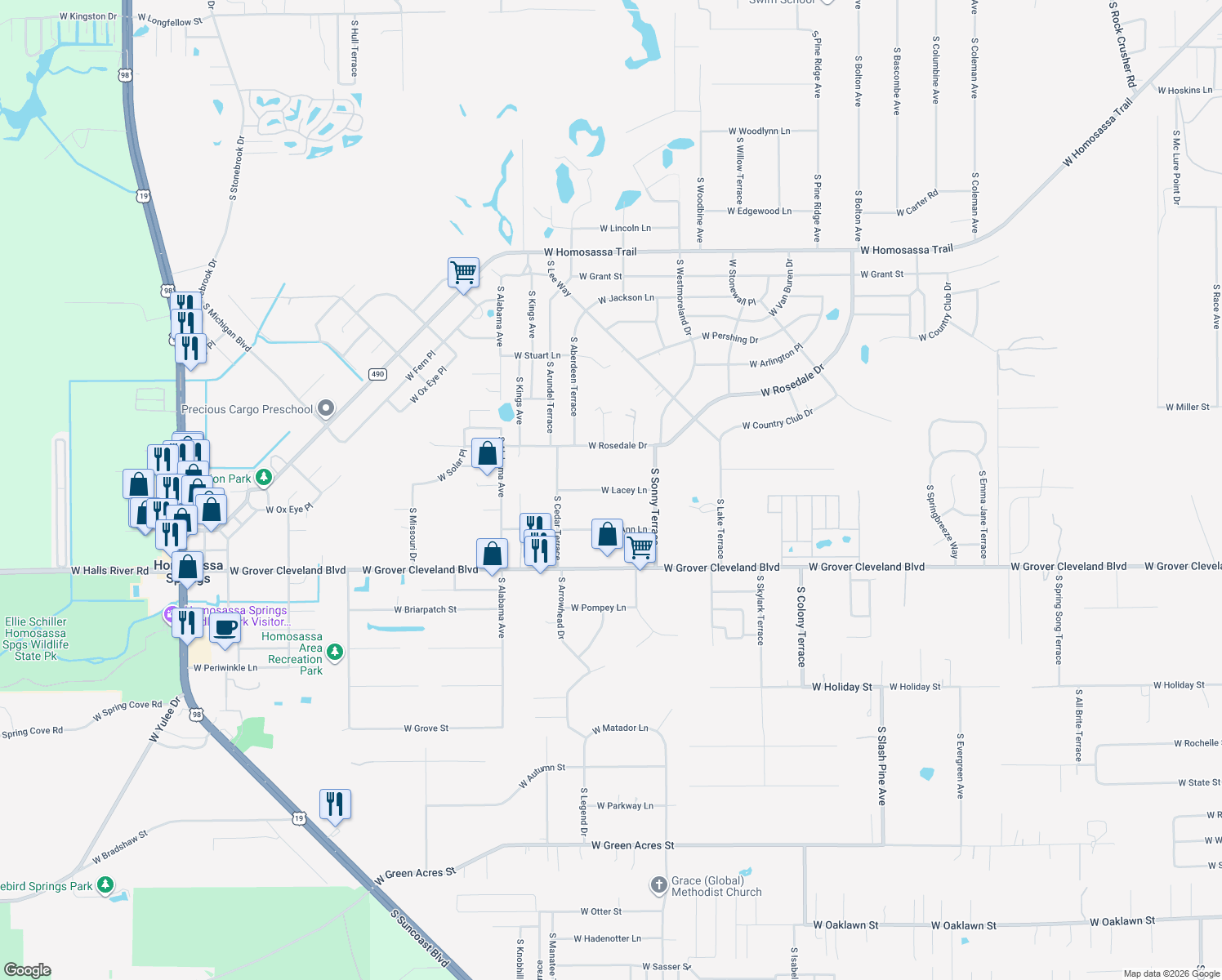 map of restaurants, bars, coffee shops, grocery stores, and more near 7229 West Lacey Lane in Homosassa