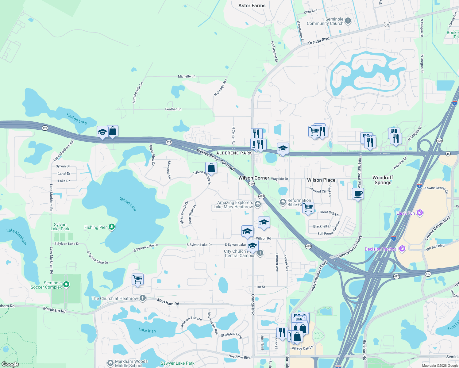 map of restaurants, bars, coffee shops, grocery stores, and more near 217 Capri Cove Place in Sanford