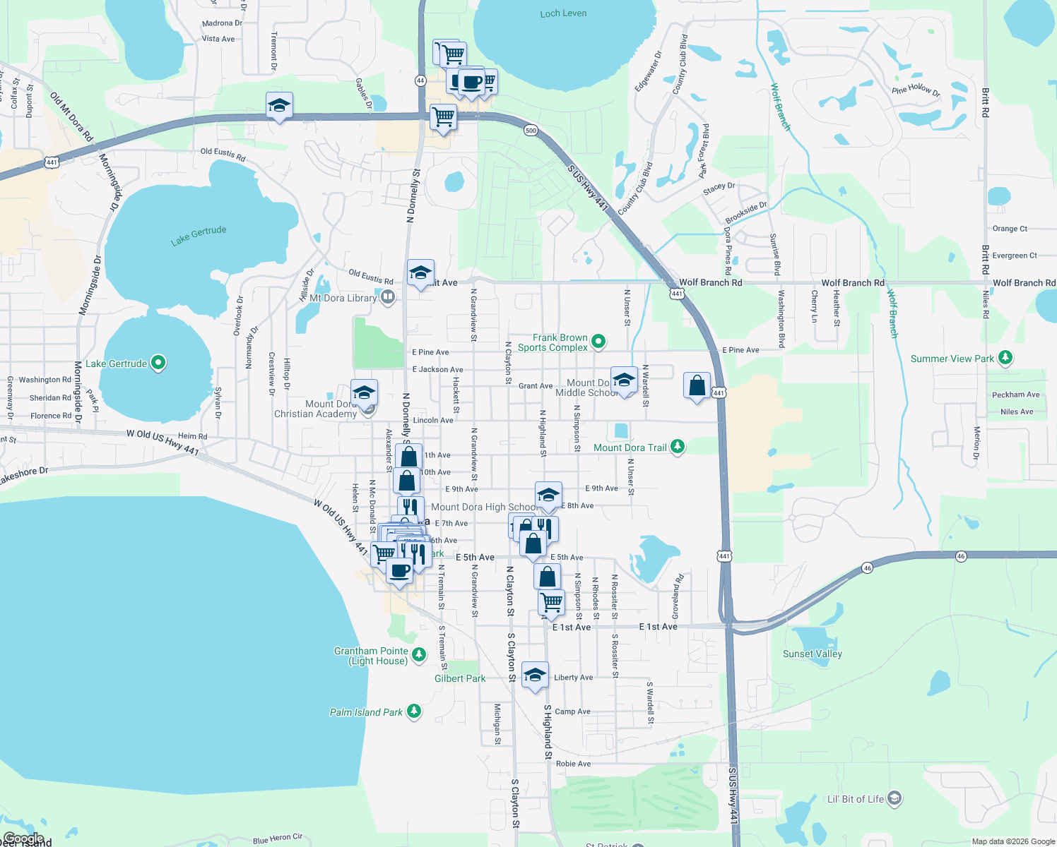 map of restaurants, bars, coffee shops, grocery stores, and more near 808 Lincoln Avenue in Mount Dora