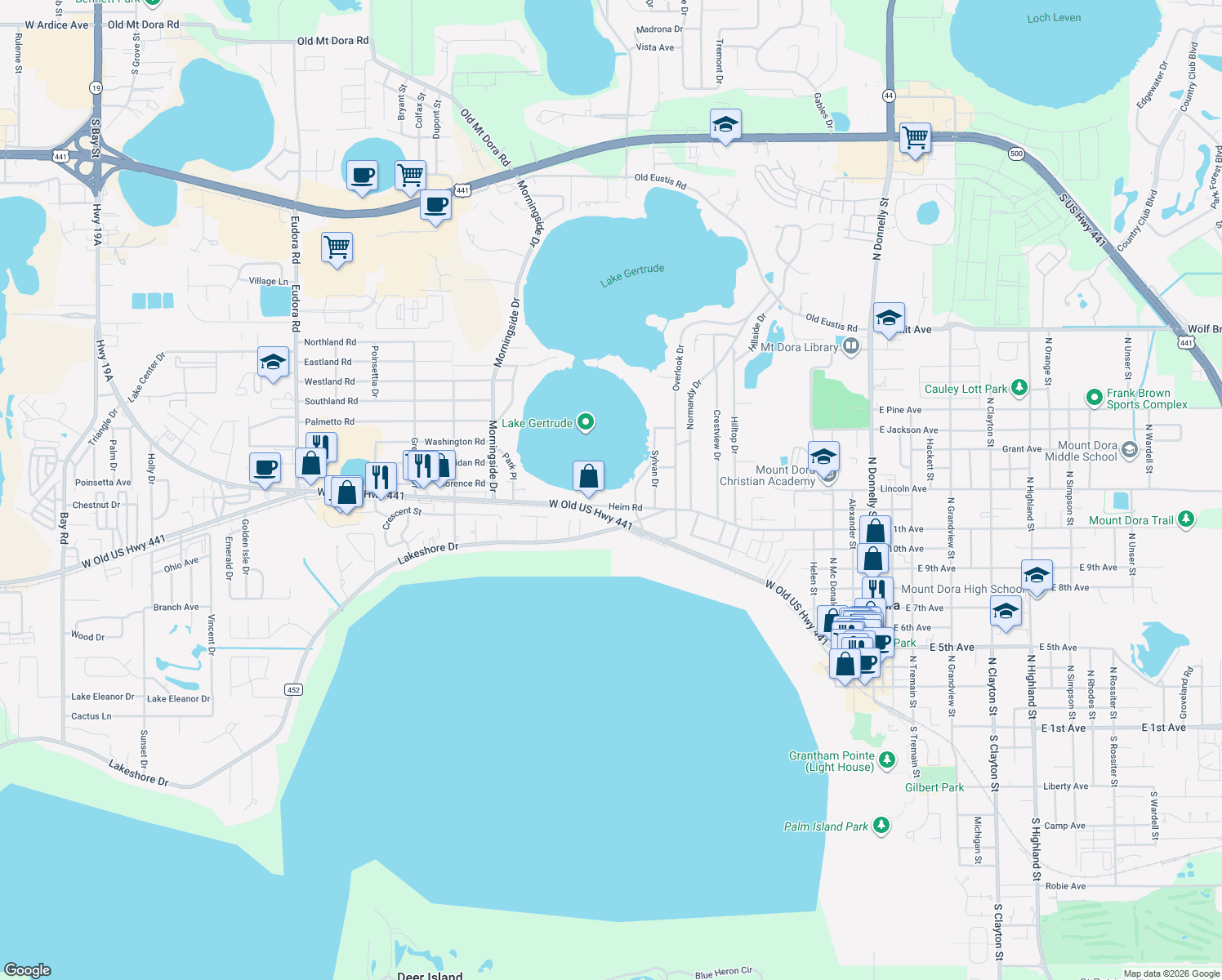 map of restaurants, bars, coffee shops, grocery stores, and more near 1343 Heim Road in Mount Dora