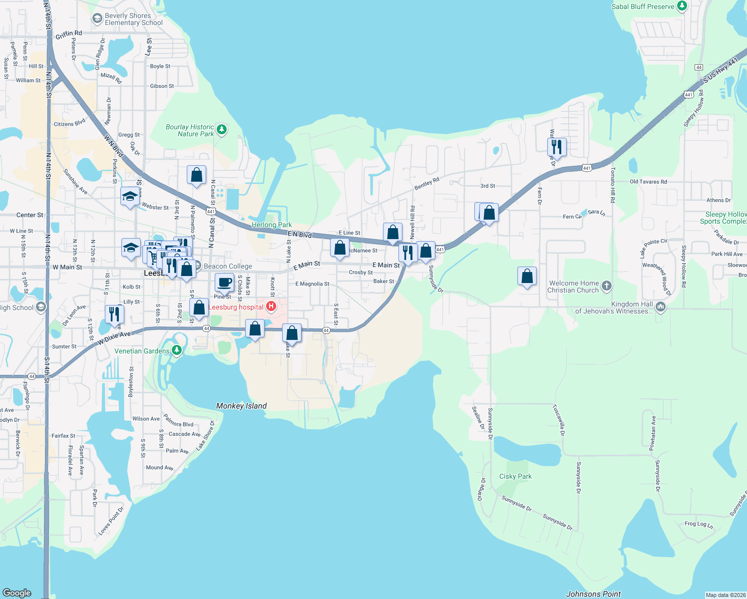 map of restaurants, bars, coffee shops, grocery stores, and more near 408 Church Street in Leesburg