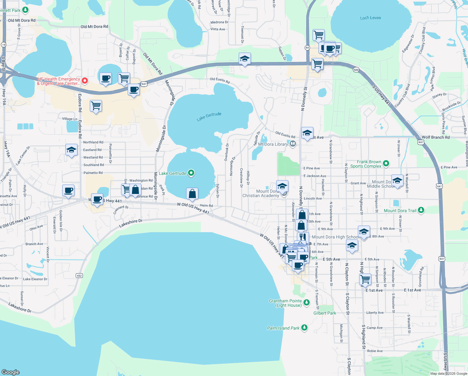 map of restaurants, bars, coffee shops, grocery stores, and more near 1416 Normandy Drive in Mount Dora