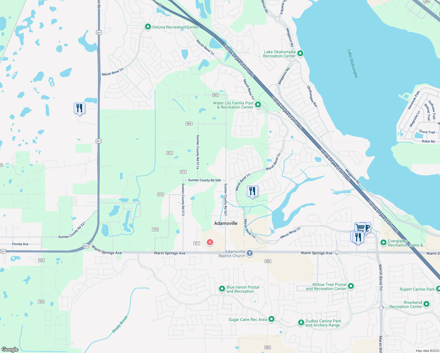 map of restaurants, bars, coffee shops, grocery stores, and more near 4582 County Road 508 in Wildwood