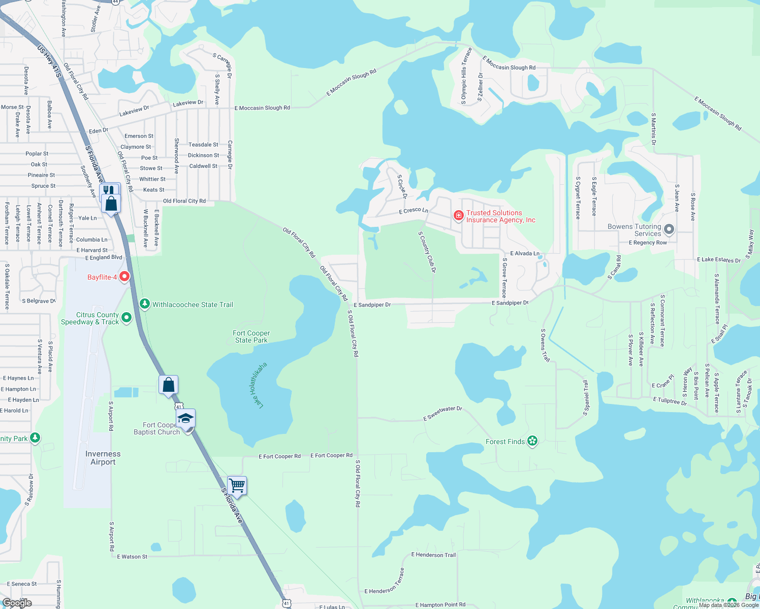 map of restaurants, bars, coffee shops, grocery stores, and more near 8505 East Sandpiper Drive in Inverness