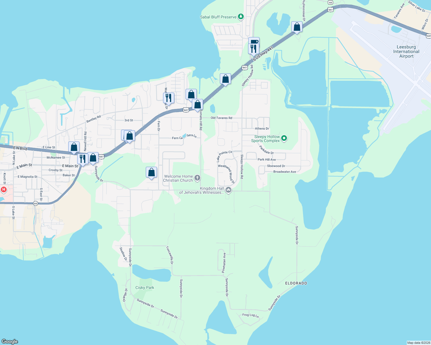 map of restaurants, bars, coffee shops, grocery stores, and more near 2262 Lake Pointe Circle in Leesburg
