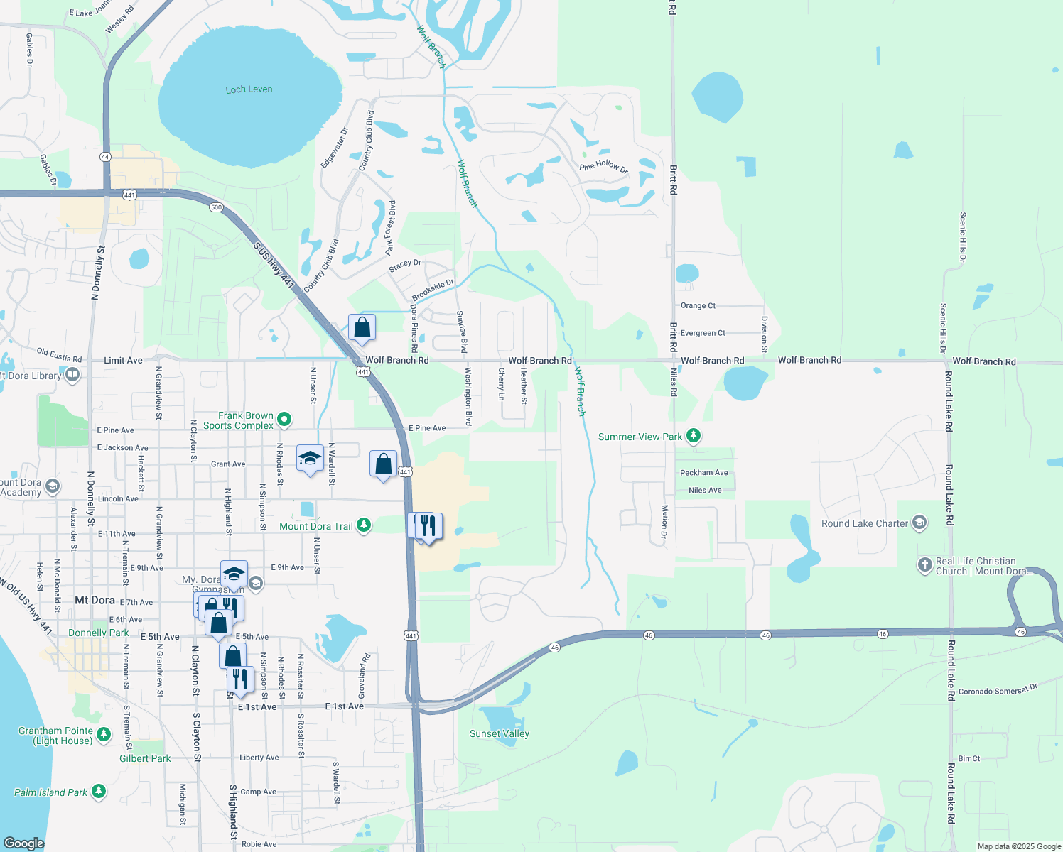 map of restaurants, bars, coffee shops, grocery stores, and more near 1710 Heather Street in Mount Dora