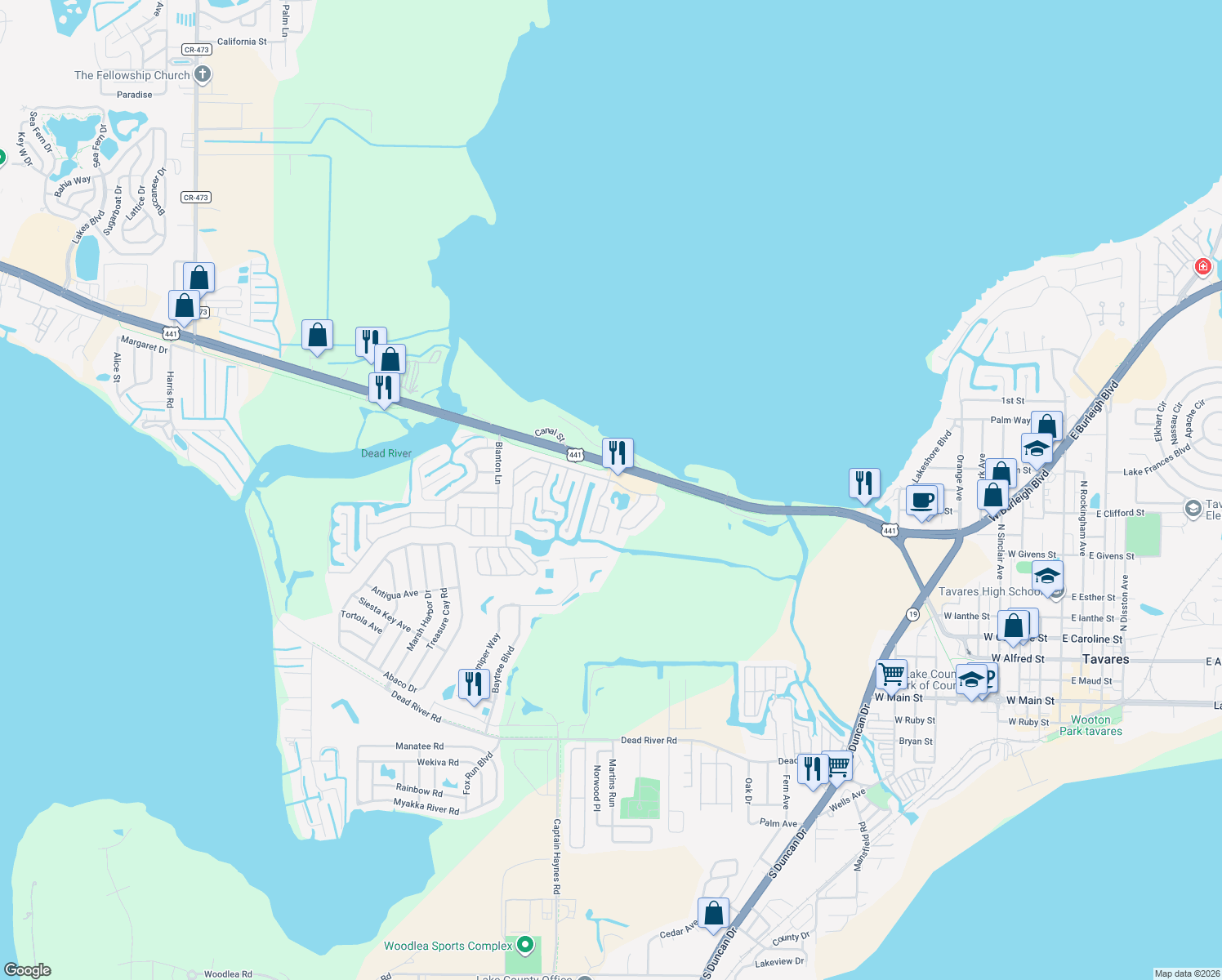 map of restaurants, bars, coffee shops, grocery stores, and more near 1024 Hilltop Road in Tavares