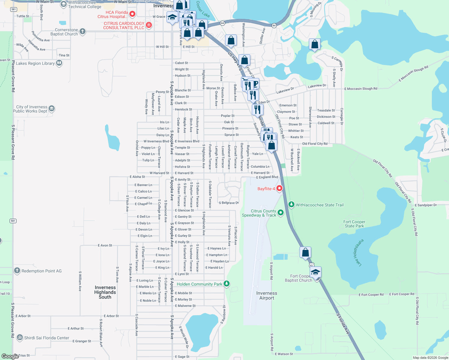 map of restaurants, bars, coffee shops, grocery stores, and more near 3334 South Royal Oaks Drive in Inverness