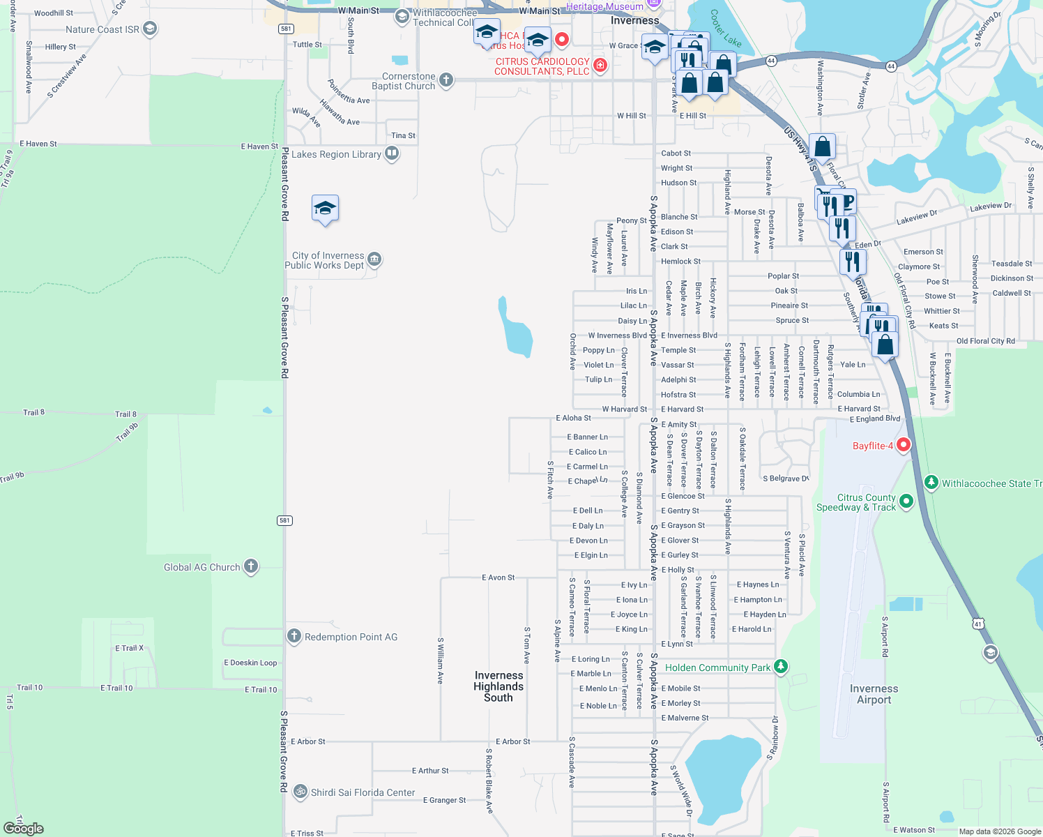 map of restaurants, bars, coffee shops, grocery stores, and more near 5820 East Aloha Street in Inverness
