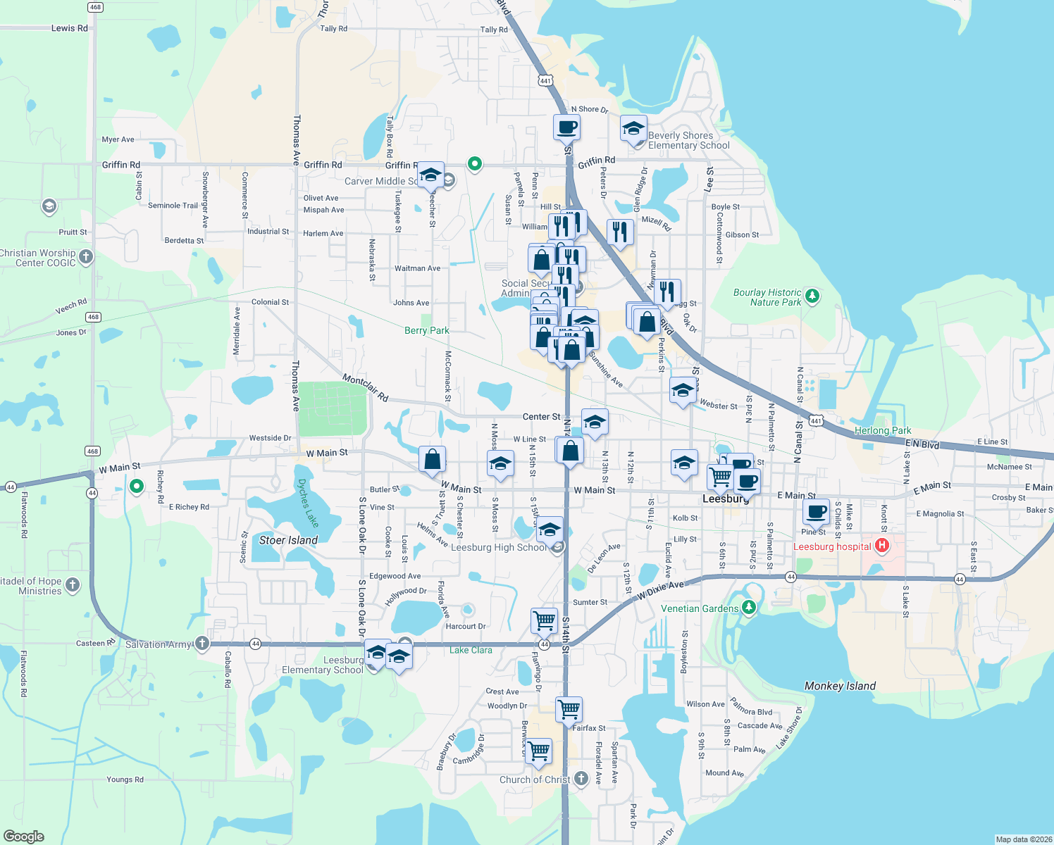 map of restaurants, bars, coffee shops, grocery stores, and more near 311 North 15th Street in Leesburg