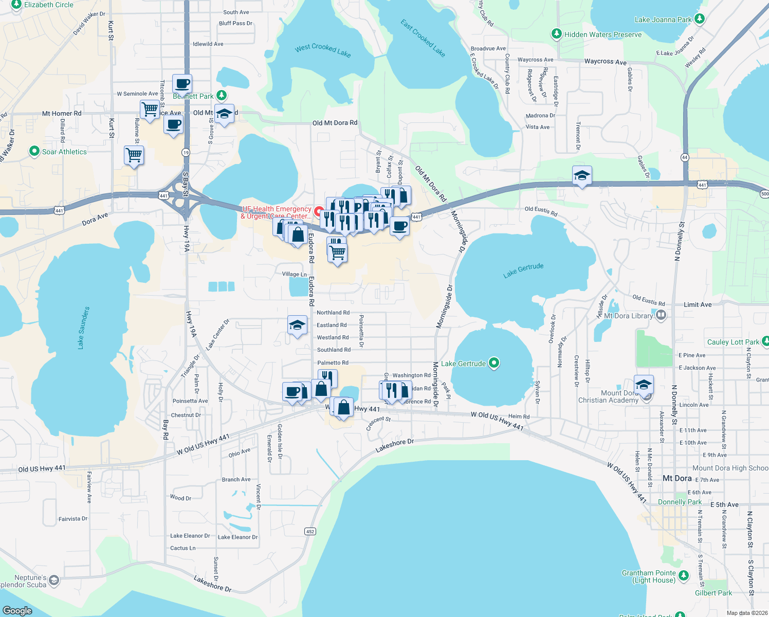 map of restaurants, bars, coffee shops, grocery stores, and more near 2429 Northland Road in Mount Dora
