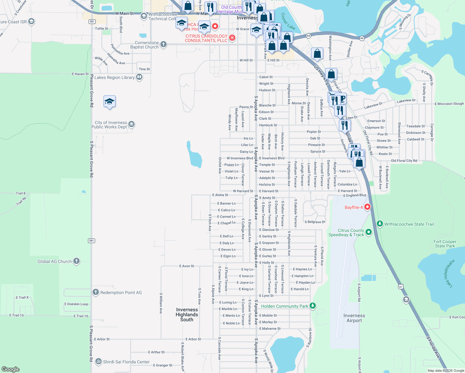 map of restaurants, bars, coffee shops, grocery stores, and more near 311 Red Rose Lane in Inverness