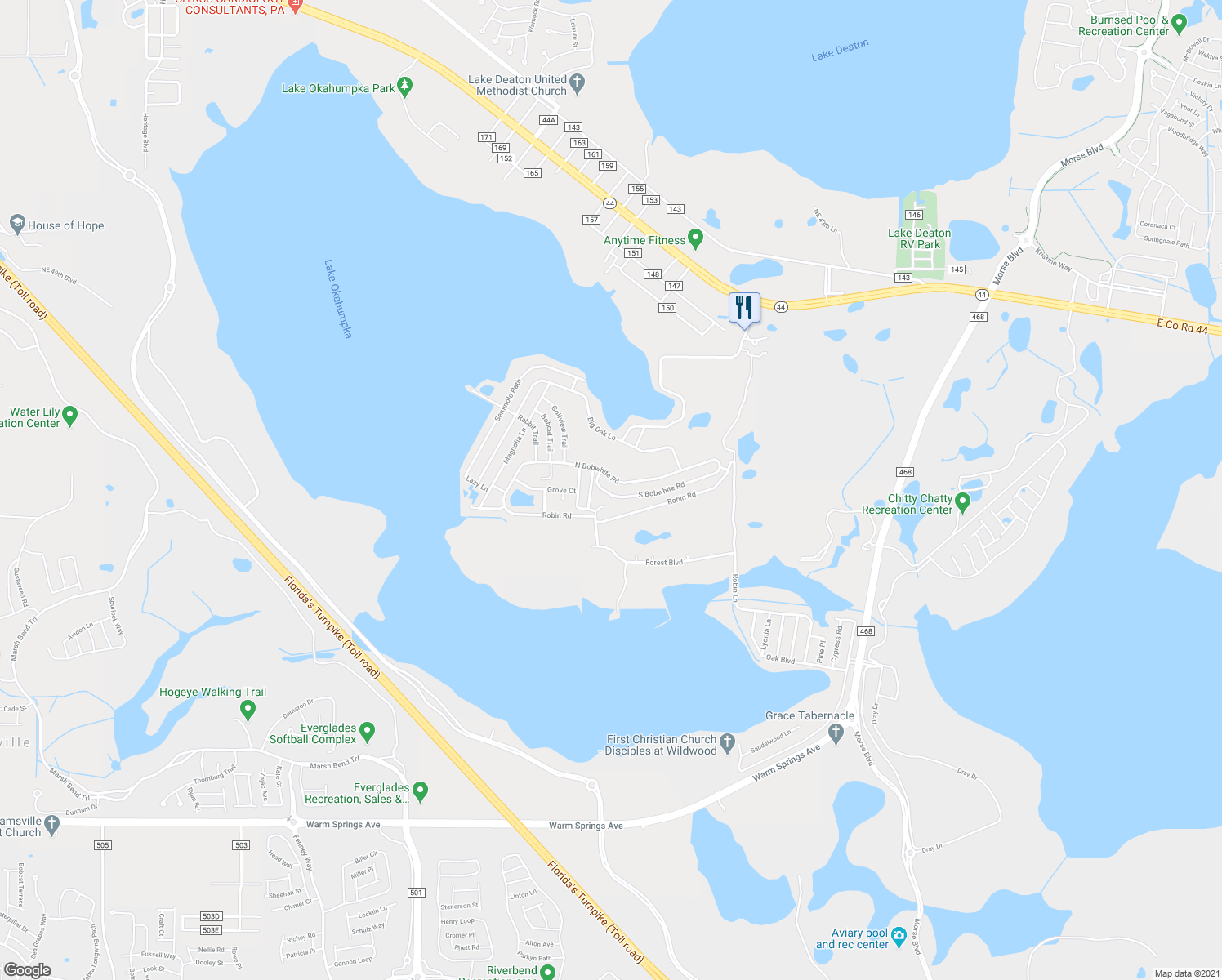 map of restaurants, bars, coffee shops, grocery stores, and more near 9 South Bobwhite Road in Wildwood