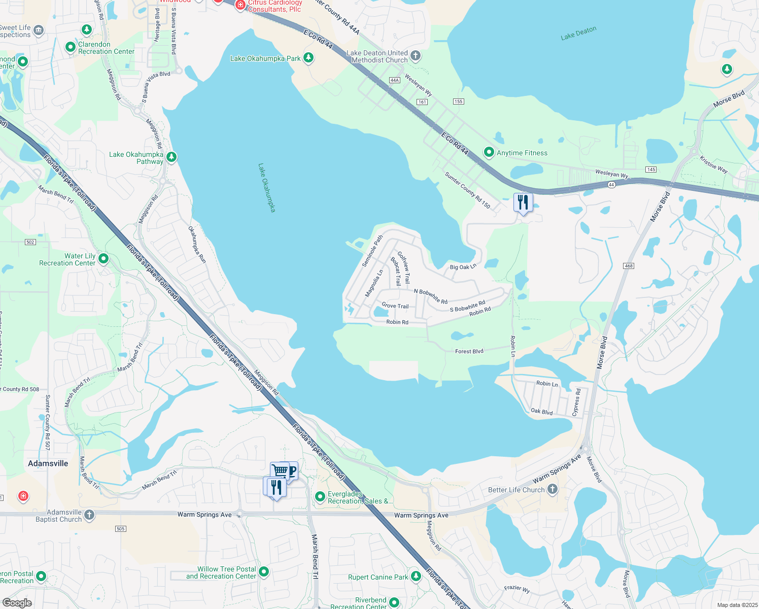 map of restaurants, bars, coffee shops, grocery stores, and more near 2 Grove Trail in Wildwood