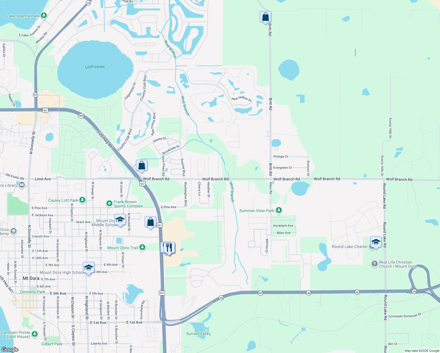 map of restaurants, bars, coffee shops, grocery stores, and more near 2130 Robert D Road in Mount Dora