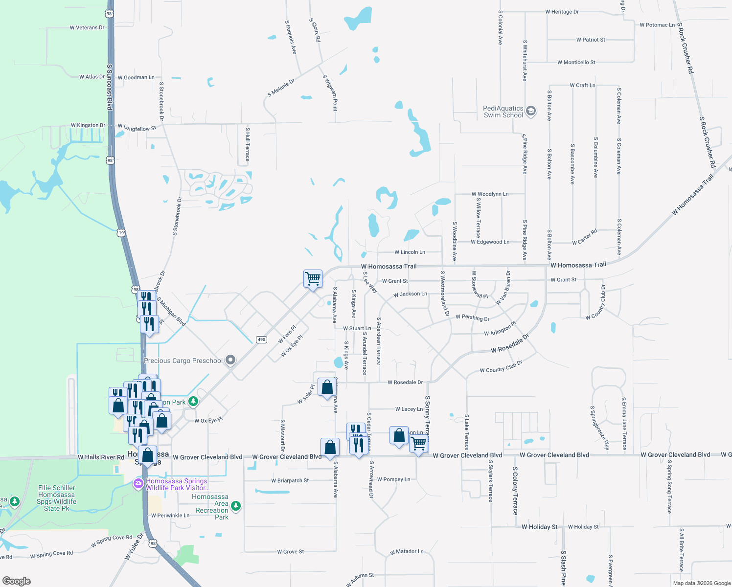 map of restaurants, bars, coffee shops, grocery stores, and more near 7425 West High Place in Homosassa