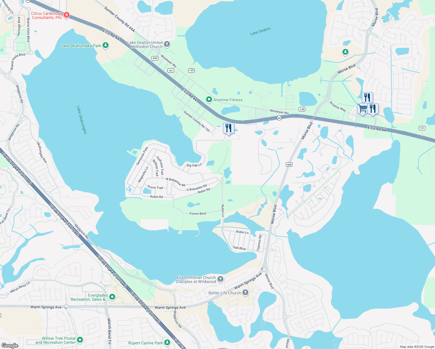 map of restaurants, bars, coffee shops, grocery stores, and more near 91 North Bobwhite Road in Wildwood
