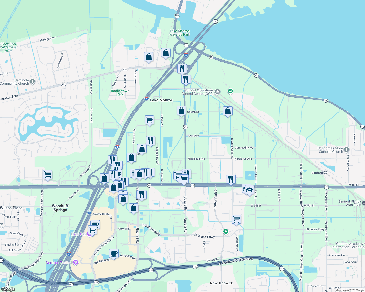 map of restaurants, bars, coffee shops, grocery stores, and more near 420 Monroe Road in Sanford