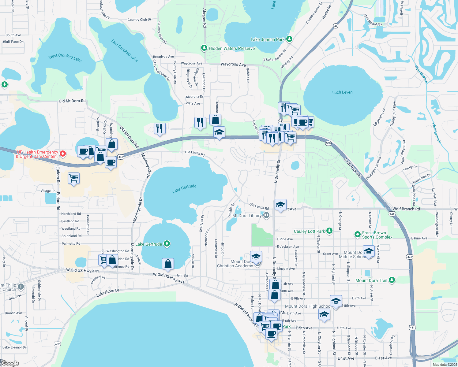 map of restaurants, bars, coffee shops, grocery stores, and more near 600 Old Eustis Road in Mount Dora