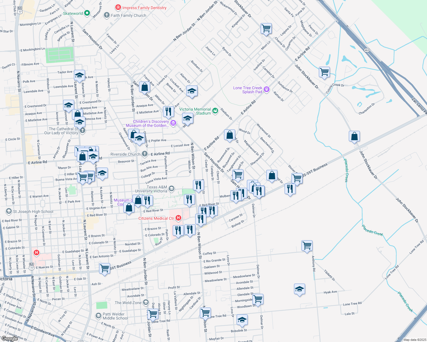 map of restaurants, bars, coffee shops, grocery stores, and more near 3406 Catalpa Street in Victoria