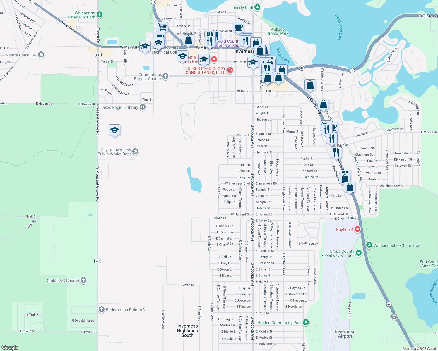 map of restaurants, bars, coffee shops, grocery stores, and more near 934 Orchid Avenue in Inverness