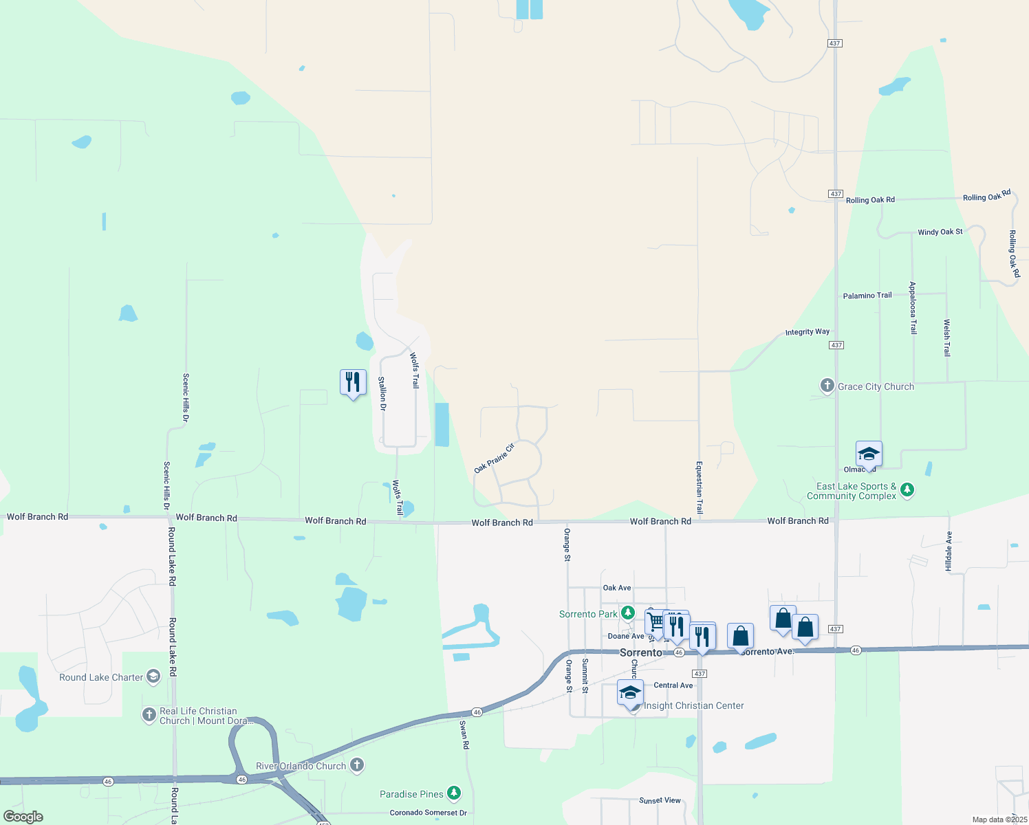 map of restaurants, bars, coffee shops, grocery stores, and more near 32331 Oak Canopy Drive in Sorrento
