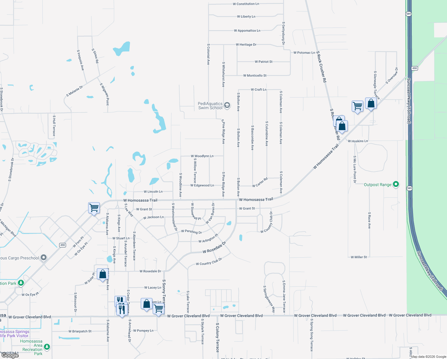map of restaurants, bars, coffee shops, grocery stores, and more near 2840 South Pine Ridge Avenue in Homosassa