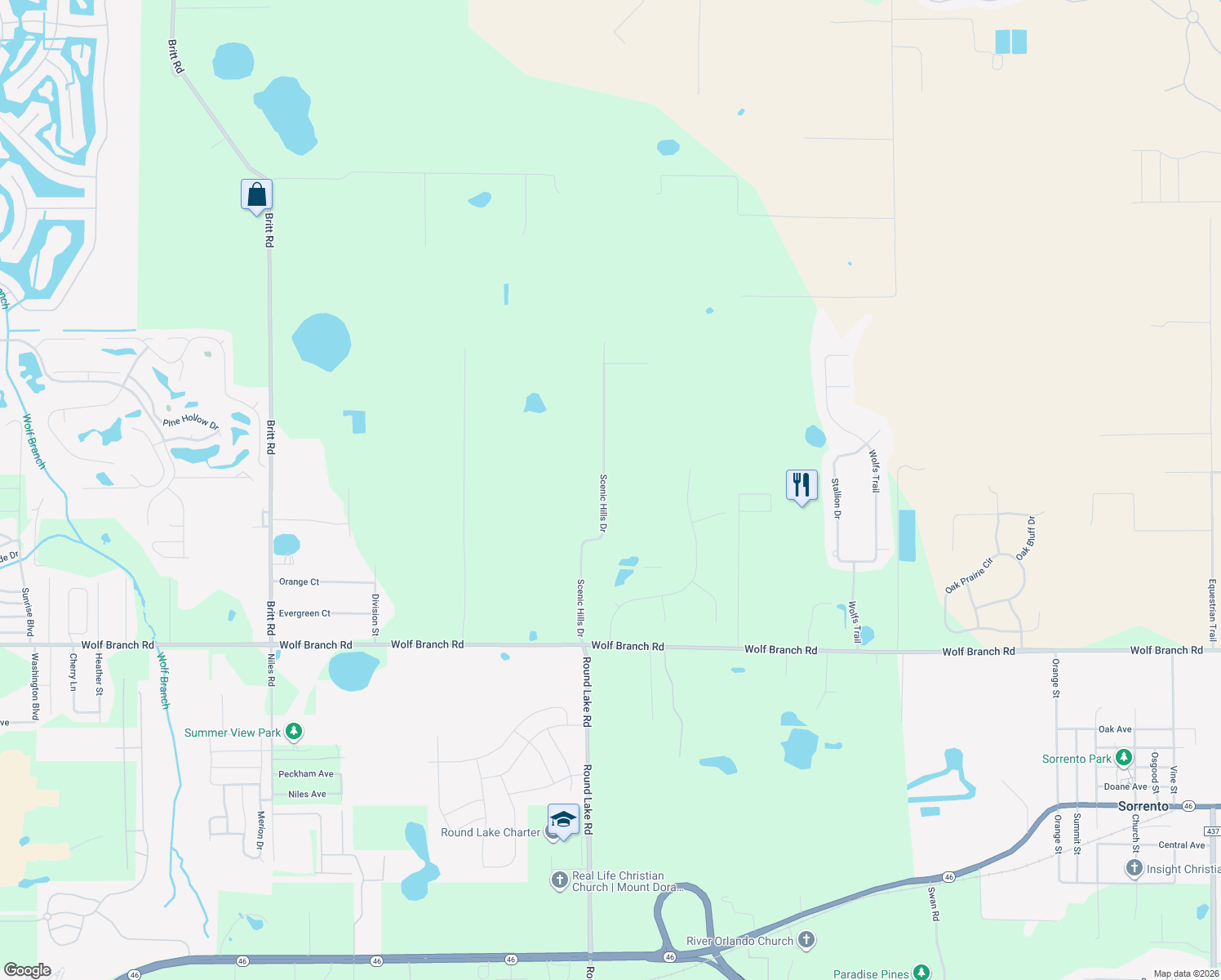 map of restaurants, bars, coffee shops, grocery stores, and more near 32446 Scenic Hills Drive in Mount Dora
