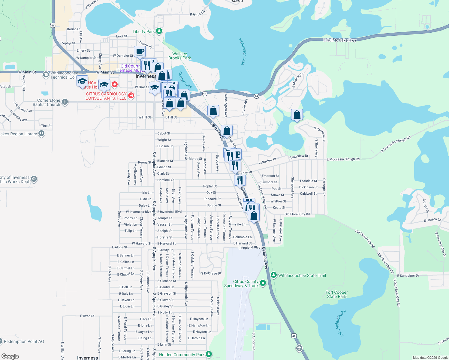 map of restaurants, bars, coffee shops, grocery stores, and more near 809 Hemlock Street in Inverness