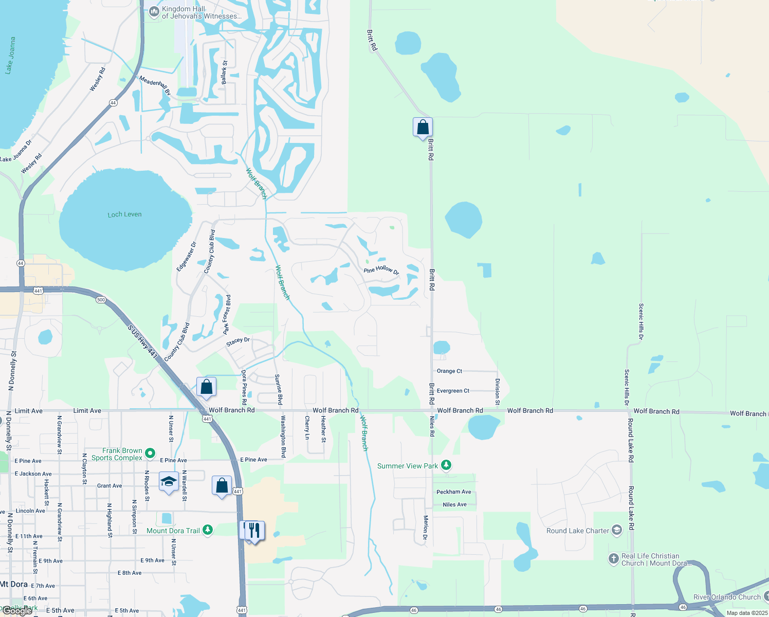 map of restaurants, bars, coffee shops, grocery stores, and more near 8012 Saint James Way in Mount Dora