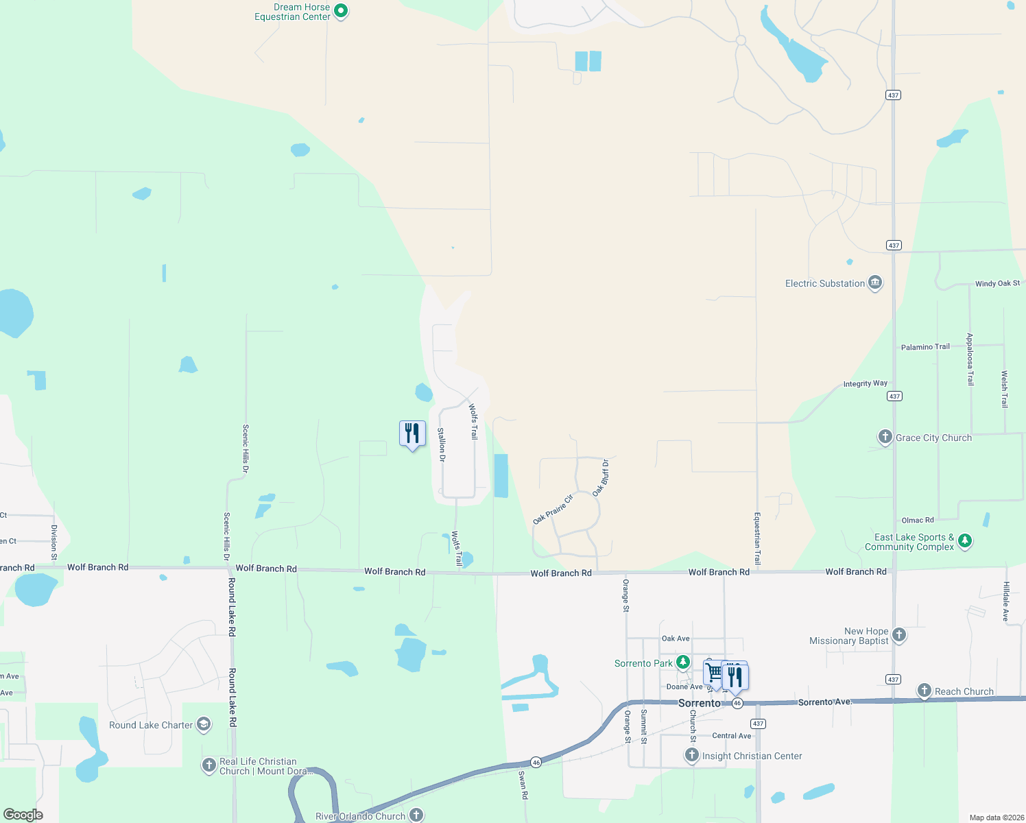 map of restaurants, bars, coffee shops, grocery stores, and more near 32530 Senese Road in Sorrento