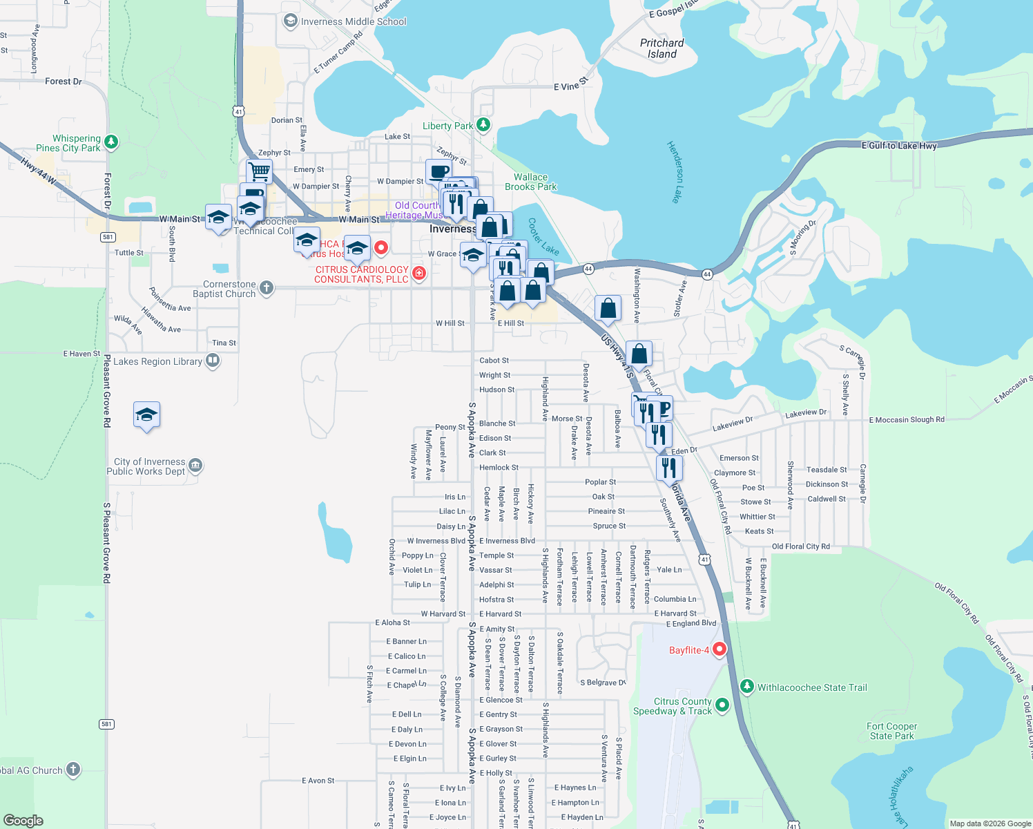 map of restaurants, bars, coffee shops, grocery stores, and more near 621 Bell Avenue in Inverness