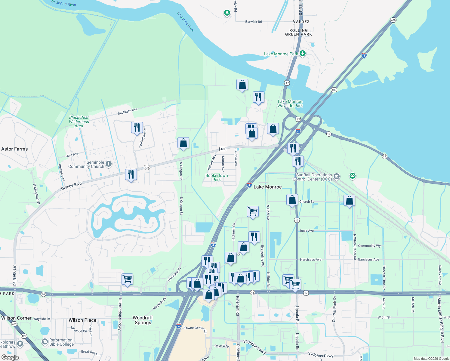 map of restaurants, bars, coffee shops, grocery stores, and more near 901 Moton Avenue in Sanford
